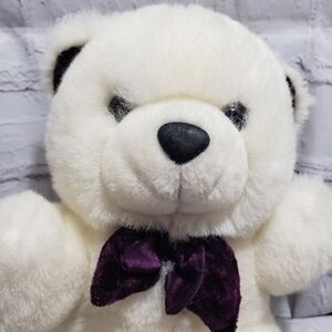 Vintage Dan Dee White Teddy Bear Plush 8" Purple Velvet Bow Stuffed Animal Toy